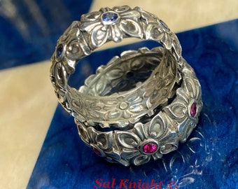 Templar band sterling silver ruby/sapphire natural antique patina finish