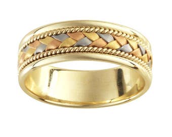 tri-Color wedding band 14Karat gold 7.0mm width wedding anniversary band 14 karat white yellow rose gold