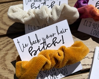 Tie back your hair b!tch, 40 th birthday party, party favors, scrunchie tags, birthday party, gift