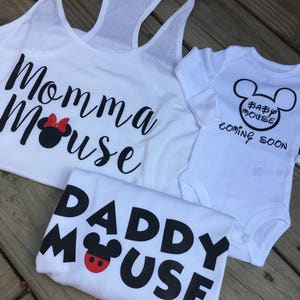 Momma mouse, daddy mouse, baby mouse coming soon , birth announcement, baby shower, disney famil, vacation, cruise, photo prop, Mickey Mouse