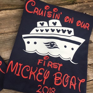 Cruisin on my first Mickey Boat, matching family shirts, Disney cruise, Disney vacation, mom and dad, Disney trip, vacation, Mickey and Minn