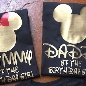 Mommy and daddy of the birthday girl, Minnie Mouse Birthday, Disney family vacation, matching shirts, gold, pink,black, mom and dad, girl,