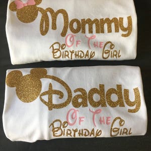 Mommy and daddy of the birthday girl, Minnie Mouse birthday party, mom and dad matching shirts, photo prop, family shirts, Disney vacation