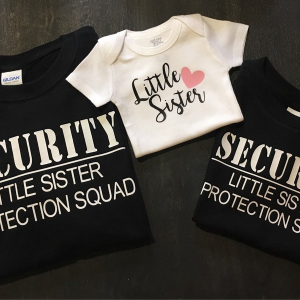 Security little sister protection squad , big brother, Little sister, family , new baby , photo prop , brother, sister, baby shower gift,
