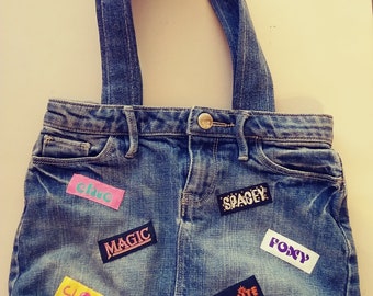 Upcycled Word Blurb Patch Jeans Shoulder Bag 13" x 9"