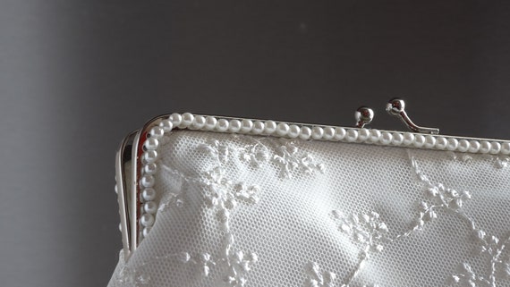Handmade Ivory Lace Bridal Clutch Bag with Rose Gold Crystal Detailing |  Constance Handcrafte