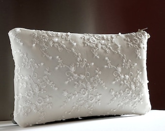 Bridal clutch ivory bag, bridal bag clutch , Ivory pearls satin clutch ,Wedding purse bride,Lace weding bag