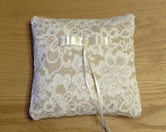 Wedding ring  pillow, Wedding ring Cushion, Lace  ring pillow, Ivory satin ring bearer ,Ivory ring lace pillow, Ring bearer  pillow