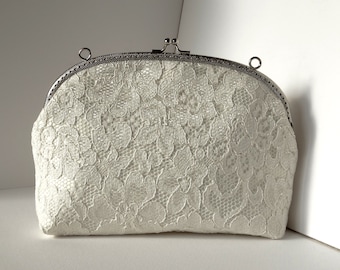 Bridal Clutch ivory bag,  Italian lace Ivory clutch,bag,Wedding purse bride, pearls handle clutch