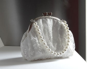 Bridal clutch,Bridal ivory lace clutch ,Bride  ivory pearls bag,Bride bag with heart,Bride bag silver metal frame