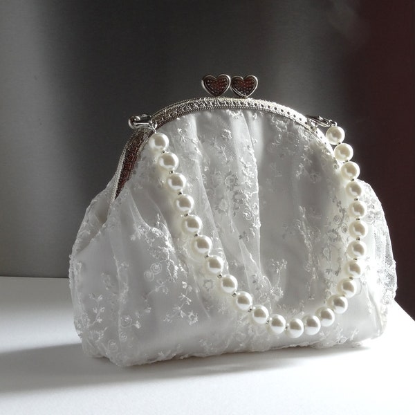 Bride clutch,Bridal ivory lace clutch ,Bride  ivory pearls bag,Bride bag with heart,Bride bag silver metal frame