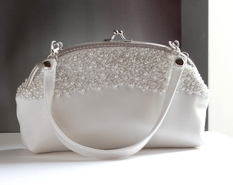 Bridal clutch ivory  bag,Pearls bride clutch purse  ,Bride ivory bag, Wedding purse bride,Monogramed bride bag