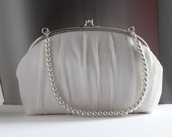 Bridal clutch ivory  bag,Ivory bride clutch purse  ,Bride ivory bag, Wedding purse bride,,pearls handle,Monogramed bride bag, silver frame
