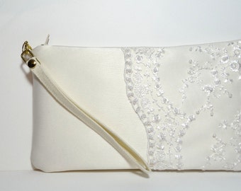 Bridal Ivory clutch,Satin clutch with White lace and Pearls,Ivory brides Purse,hand-embroidered initials,something blue, ivory