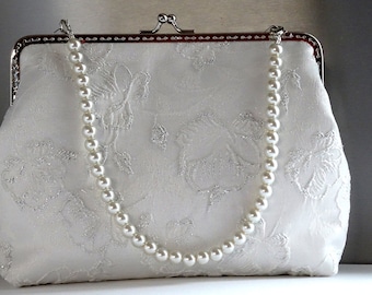 Bridal clutch  bag white,Bridal clutch with rhinestones ,Bride white bag,pearls handle,Wedding purse,Monogramed bride bag,jacquard bride bag