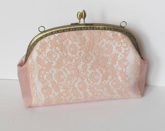 Bridal clutch  bag,  Bridesmaid clutch,  Satin clutch  Lace  Brides  Purse,  Mother of the Bride , peach color bride bag