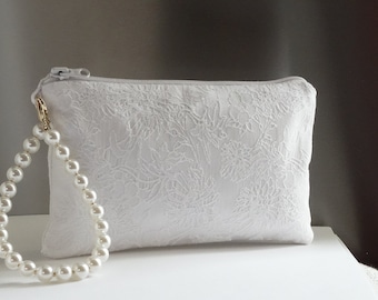 Bridal clutch bag  white, jacquard wedding bag,Pearls handle,bride clutch purse,Bride white  bag, Wedding purse bride
