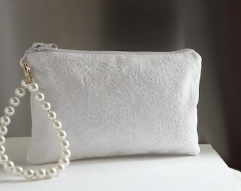 Bridal clutch bag  white, jacquard wedding bag,Pearls handle, bride clutch purse ,Bride white  bag, Wedding purse bride