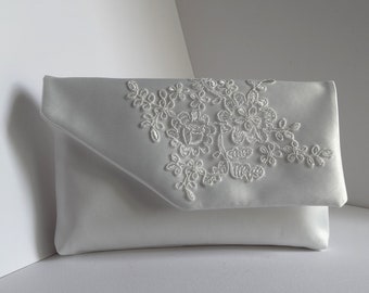 Bridal Ivory clutch,White lace bride bag ,Ivory bride purse,hand-embroidered initials,embroidered  pearls,venice lace