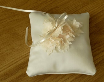 Wedding ivory pillow, Ivory Satin wedding cushion ,Ivory  pillow with 3 d  flowers