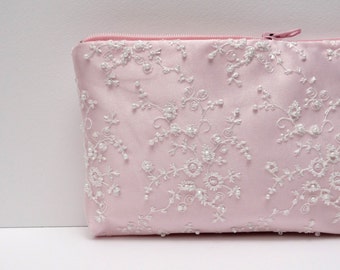Pink bridal clutch,Pink satin bride  clutch,Personalized bridesmaids clutch set , White lace with embroidered  pearls,White lace purse