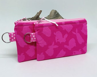 Rabbits on Pink, small travel wallet coin purse card pouch with ykk zipper and keychain ring