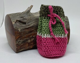 Mini Crochet Pouch Keychain made with 100% cotton yarn, a 1 inch keyring, and drawstring, Pink and Green
