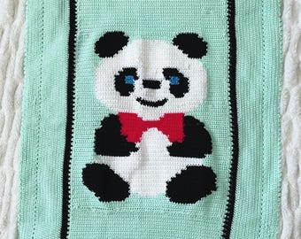 Vintage Baby Blanket Panda with Red Bow and Mint Green Background, 2 versions
