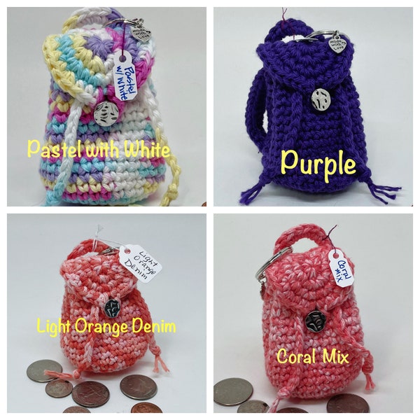 Mini Crochet Backpack Keychain made with 100% cotton yarn, MORE COLORS, a 1 inch keyring, and charm with a choice of colors handmade