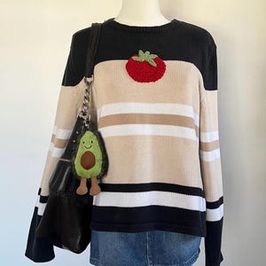 Upcycled Crochet Tomato Sweater: Handmade Appliqué, Striped Knit - Medium