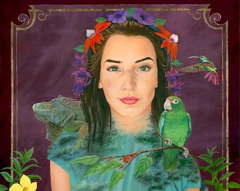 May include: A woman with a floral crown and green eyes is surrounded by tropical plants and animals. A green parrot sits on a branch, a hummingbird hovers in the air, and an iguana rests on her shoulder. The woman is wearing a blue shirt with a jungle scene printed on it.