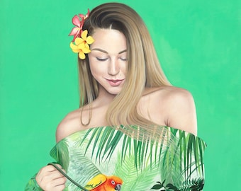 May include: A woman with long blonde hair wearing a green, off-the-shoulder top with a tropical print. The top features two parrots, one orange and yellow and the other yellow and green, perched on branches. The woman is standing against a green background.