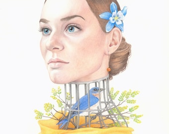 May include: A woman with a blue flower in her hair looks to the side. A bluebird is trapped in a cage around her neck. The cage is surrounded by green leaves. The artwork is signed "James Fowler 2022".