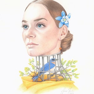 May include: A woman with a blue flower in her hair looks to the side. A bluebird is trapped in a cage around her neck. The cage is surrounded by green leaves. The artwork is signed "James Fowler 2022".