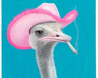 May include: A painting of an ostrich wearing a pink cowboy hat and smoking a cigarette. The ostrich has a serious expression on its face. The background is a bright blue color. The painting is signed "JANIS FOWLER 2020".