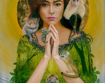 May include: A woman with long red hair is surrounded by monkeys. She has her hands clasped in prayer and is wearing a green shirt with a vine pattern. The monkeys are all different species and are looking at the woman.