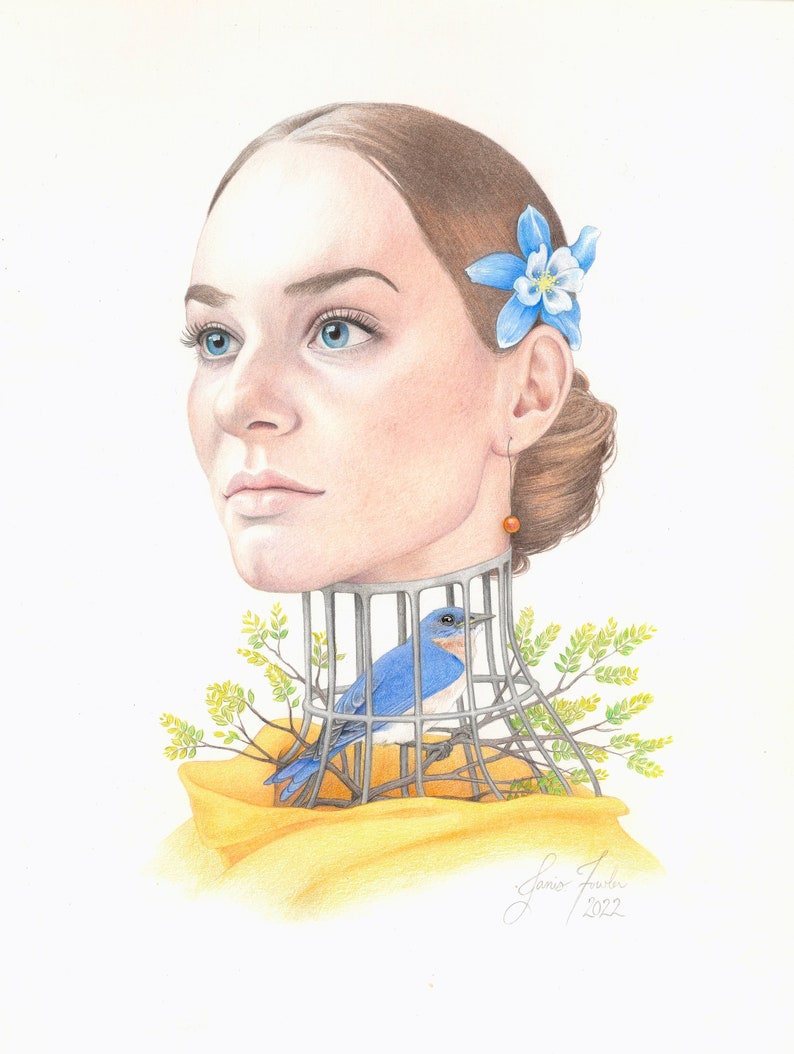 May include: A woman with a blue flower in her hair looks to the side. A bluebird is trapped in a cage around her neck. The cage is surrounded by green leaves. The artwork is signed "James Fowler 2022".