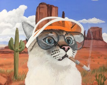 May include: A white cat with orange sunglasses and a white visor is wearing a cigarette in its mouth. The cat is in front of a desert landscape with a cactus and red rock formations. The text "JANIS FOWLER 2020" is in the bottom right corner of the image.