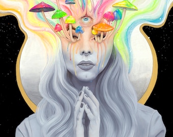 May include: A woman with a third eye in the center of her forehead, surrounded by colorful mushrooms. Her eyes are closed and she has tears running down her cheeks. The background is a swirling rainbow.