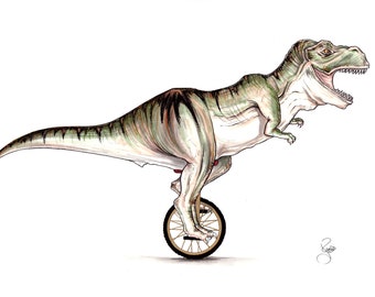 May include: A green and brown Tyrannosaurus Rex dinosaur riding a unicycle with a black tire and gold spokes. The dinosaur has its mouth open and is looking to the right.