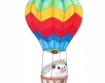 May include: A colorful hot air balloon with a chevron pattern in red, yellow, green, and blue carries a small hedgehog in a wicker basket.