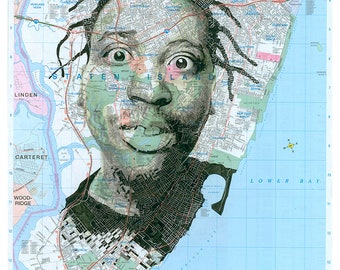 May include: A map of Staten Island, New York City, with a black and white portrait of a person's face superimposed over the island. The person's face is smiling and has large eyes. The map shows the streets and roads of the island, as well as the surrounding water.