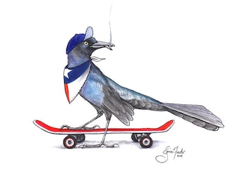 May include: A cartoon illustration of a blue jay wearing a blue cap, a red, white, and blue bandana, and riding a red skateboard. The jay is smoking a cigarette.
