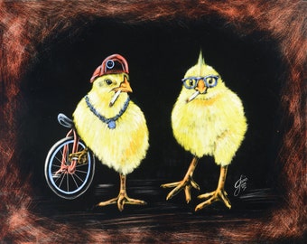 May include: Two yellow chicks with human-like features. One chick is wearing a red hat, a gold chain, and riding a red unicycle with a blue tire. The other chick is wearing blue glasses and has a mohawk. Both chicks are holding cigarettes in their beaks.