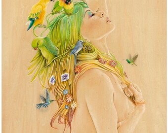 May include: A woman with long green hair adorned with flowers and colorful birds. The woman is nude and has her arms wrapped around her chest. The background is a light wood grain.
