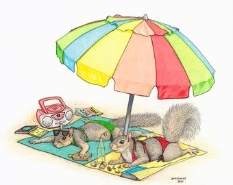 May include: Two squirrels wearing bathing suits relax under a colorful beach umbrella. One squirrel is wearing sunglasses and listening to a boombox. The other squirrel is holding a bottle of sunscreen. The scene is set on a beach with a towel, a magazine, and other beach accessories.