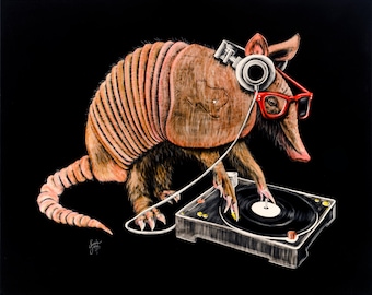 DJ Armadillo Art Print: Austin Texas Hipster Zoo