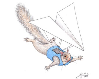 May include: A gray squirrel wearing a blue harness and a paper airplane strapped to its back, flying through the air. The squirrel has a surprised expression on its face.