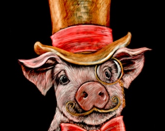 May include: A whimsical illustration of a pig wearing a top hat, monocle, and bow tie against a black background. The pig has a golden mustache and a red bow tie. The top hat is brown with a red band.