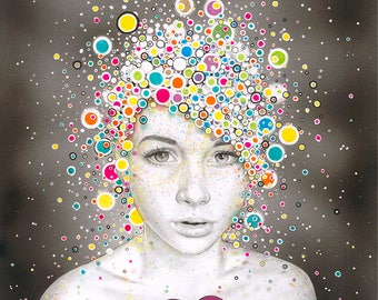 May include: A black and white drawing of a person with colorful circles around their head. The person has a heart with multiple layers of color on their chest.